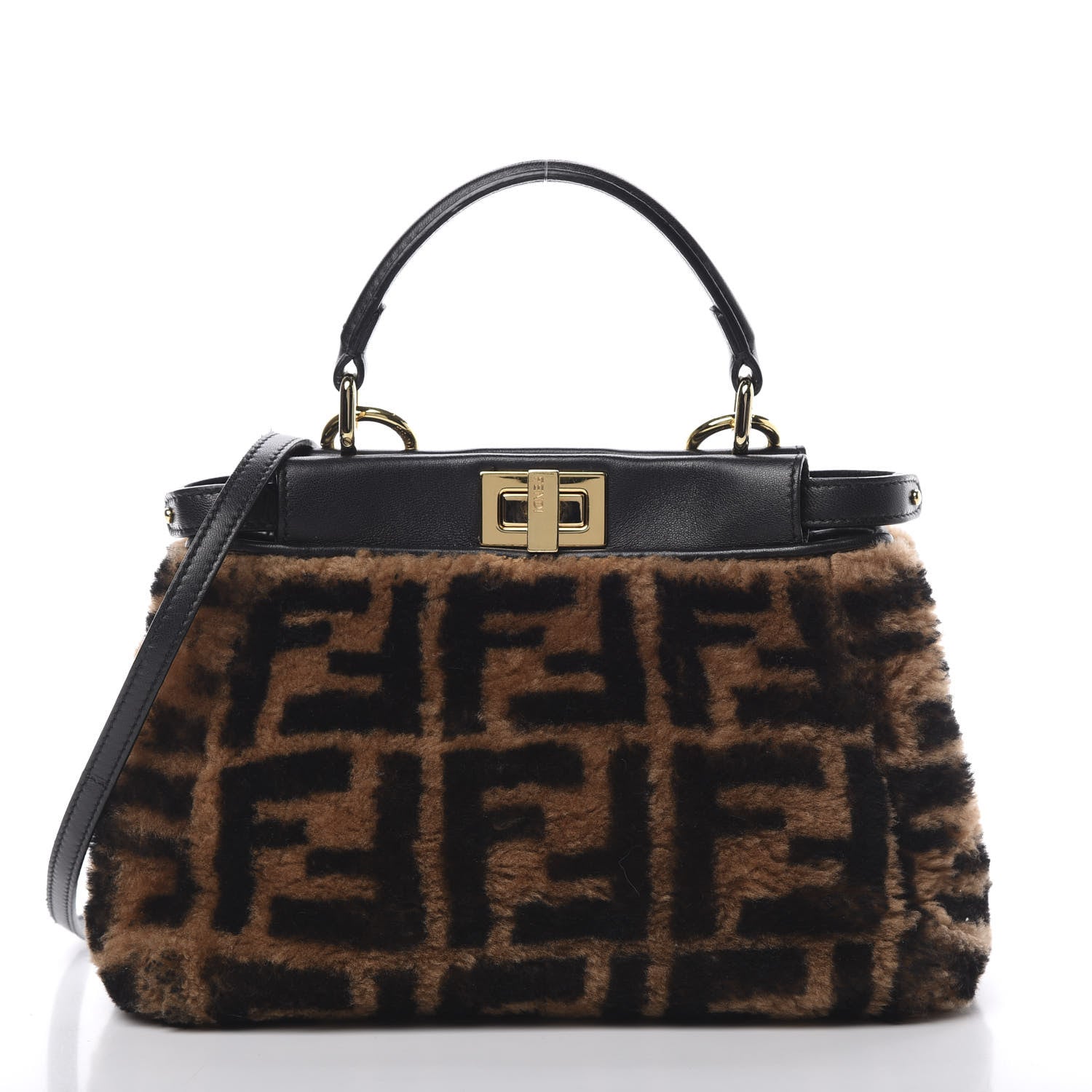 Fendi Shearling Nappa Macro FF 1974 Mini Peekaboo Iconic Satchel Tobacco Black 4 of 14