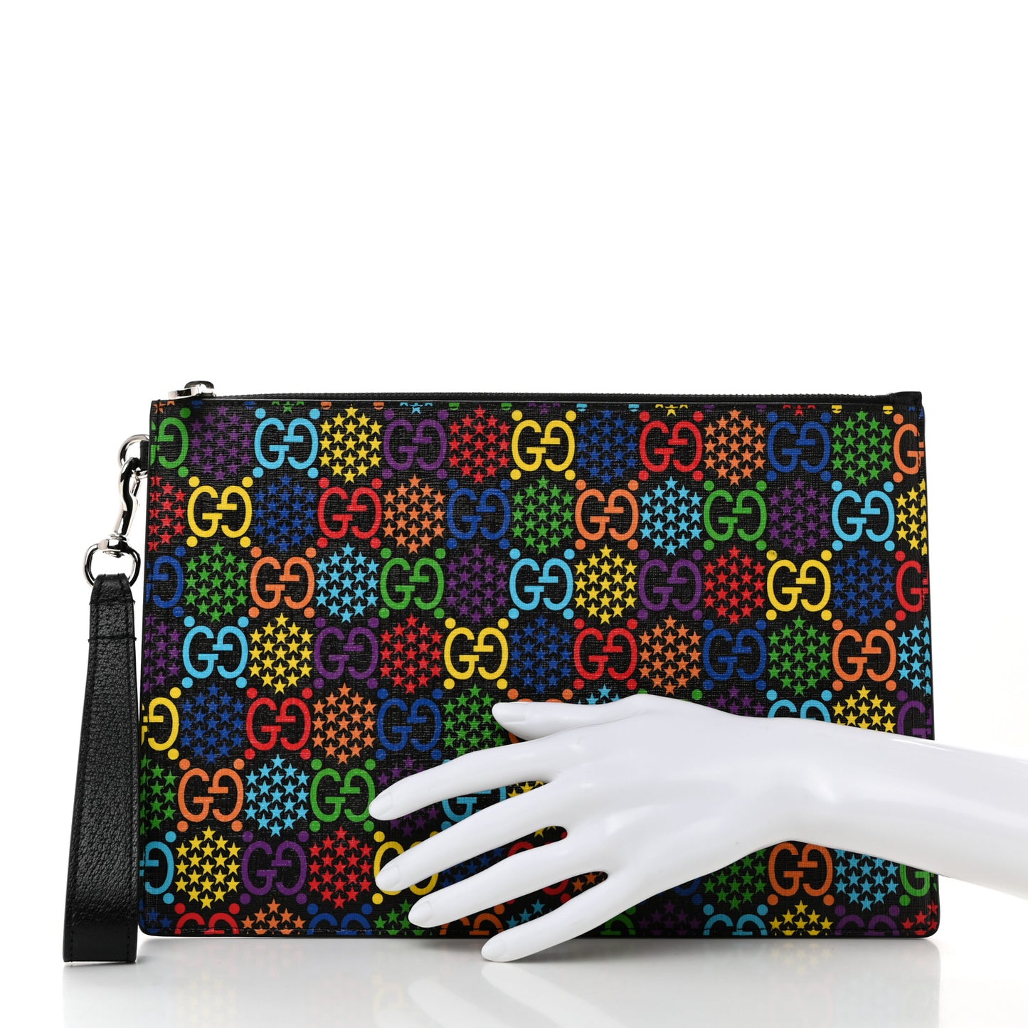 GG Supreme Monogram Psychedelic Zip Wristlet Pouch Black Multicolor