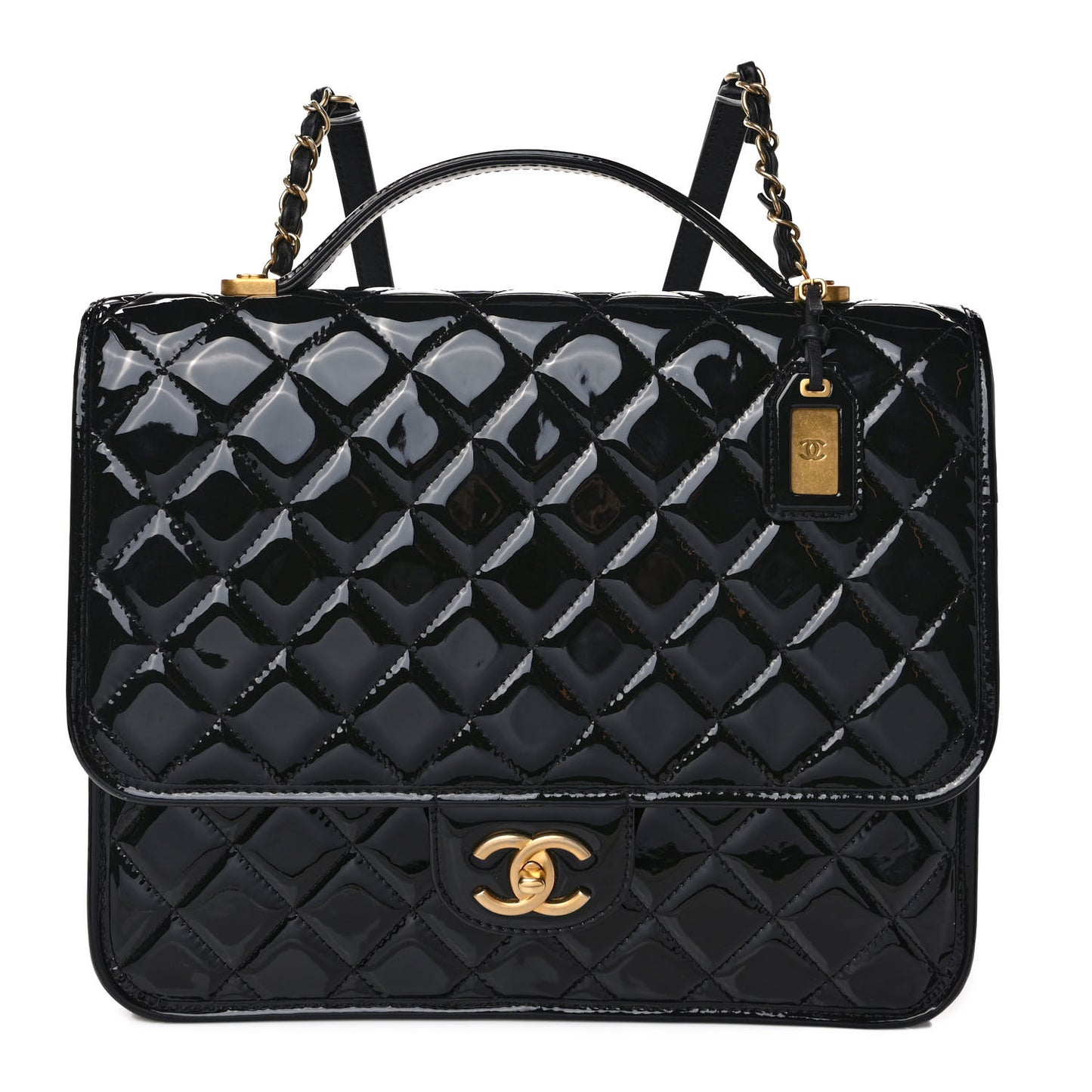 Patent Quilted Large School Memory Top Handle Flap Black
