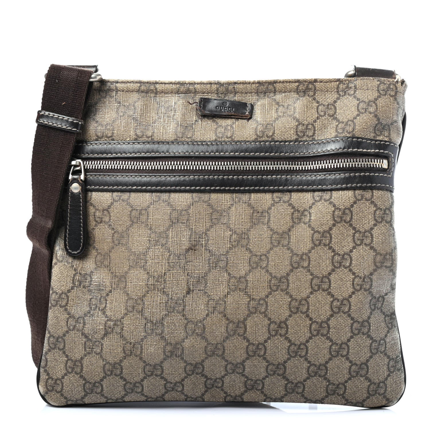 Gucci GG Supreme Monogram Selleria Calfskin Small Flat Side Zip Messenger Bag Beige Ebony Cocoa Dark Chocolate 1 of 4