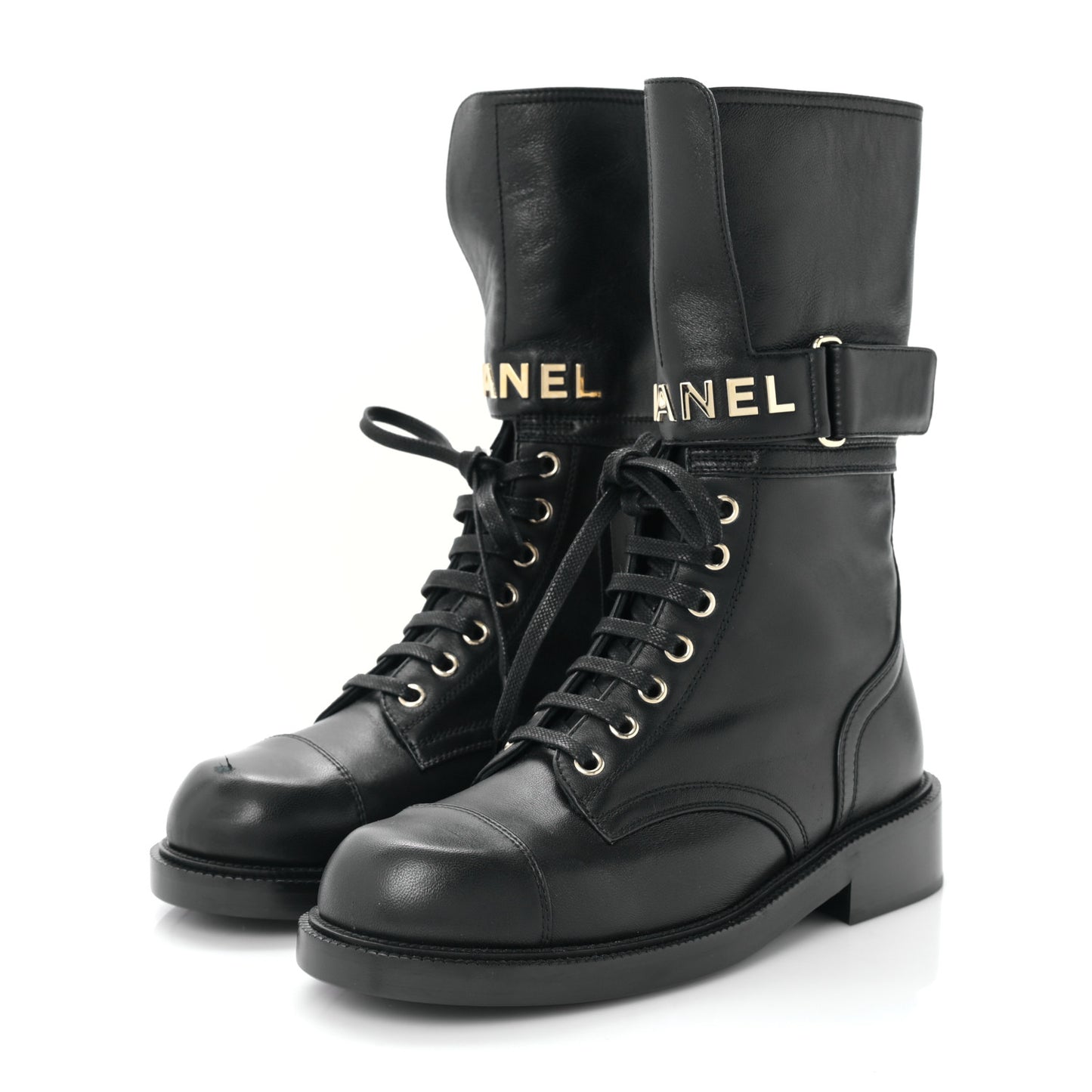 Lambskin Calfskin Lace Up Combat Boots 37.5 Black