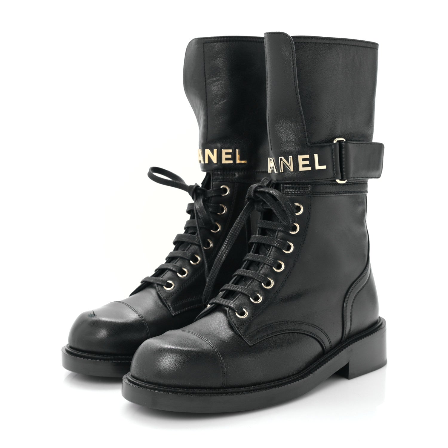 Chanel Lambskin Calfskin Lace Up Combat Boots 37.5 Black 3 of 7