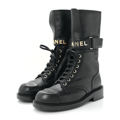 Chanel Lambskin Calfskin Lace Up Combat Boots 37.5 Black 3 of 7