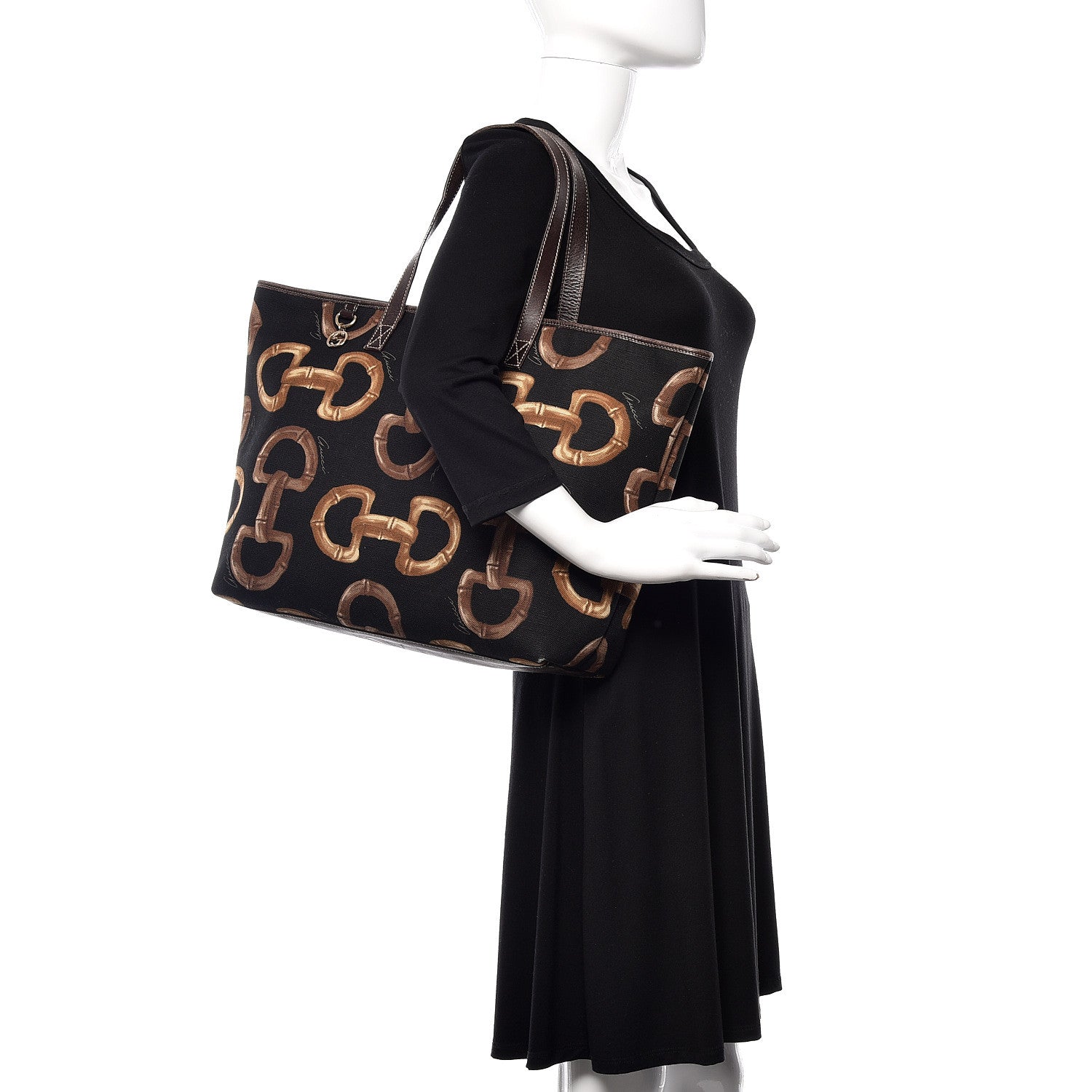 Gucci Canvas Bamboo Horsebit Print Tote Brown 2 of 14