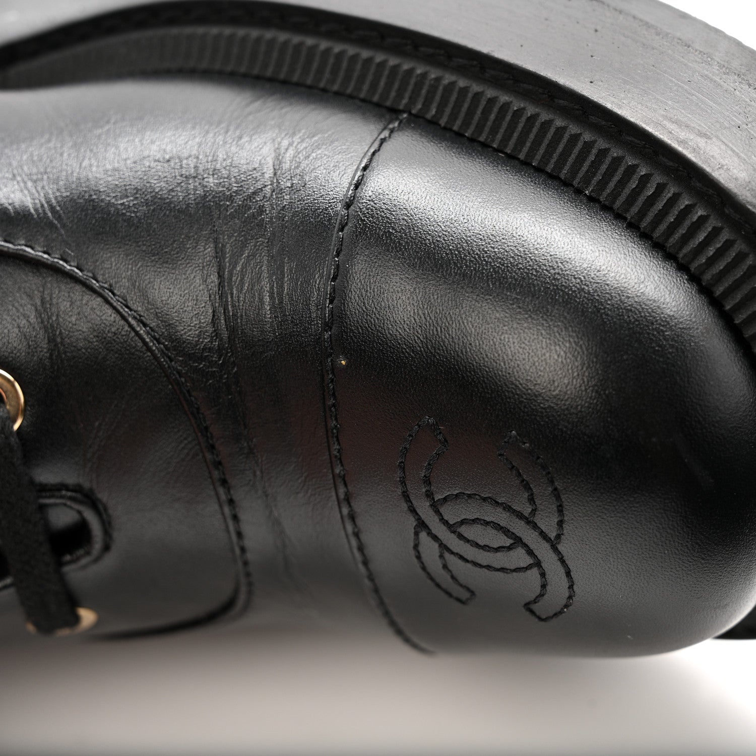 Chanel Calfskin Quilted Logo Lace Up Tall Combat Boots 37.5 Black 11 of 14