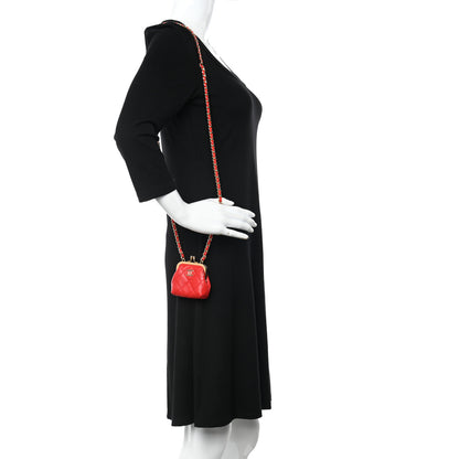 Chanel Lambskin Quilted Mini Kiss Lock Clutch With Chain Red 3 of 10