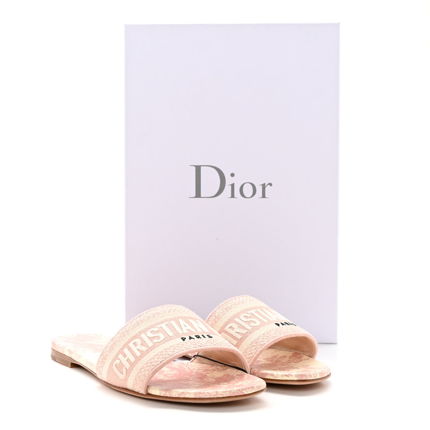 Canvas Toile De Jouy Embroidered Dway Flat Slide Sandals 38 Light Pink