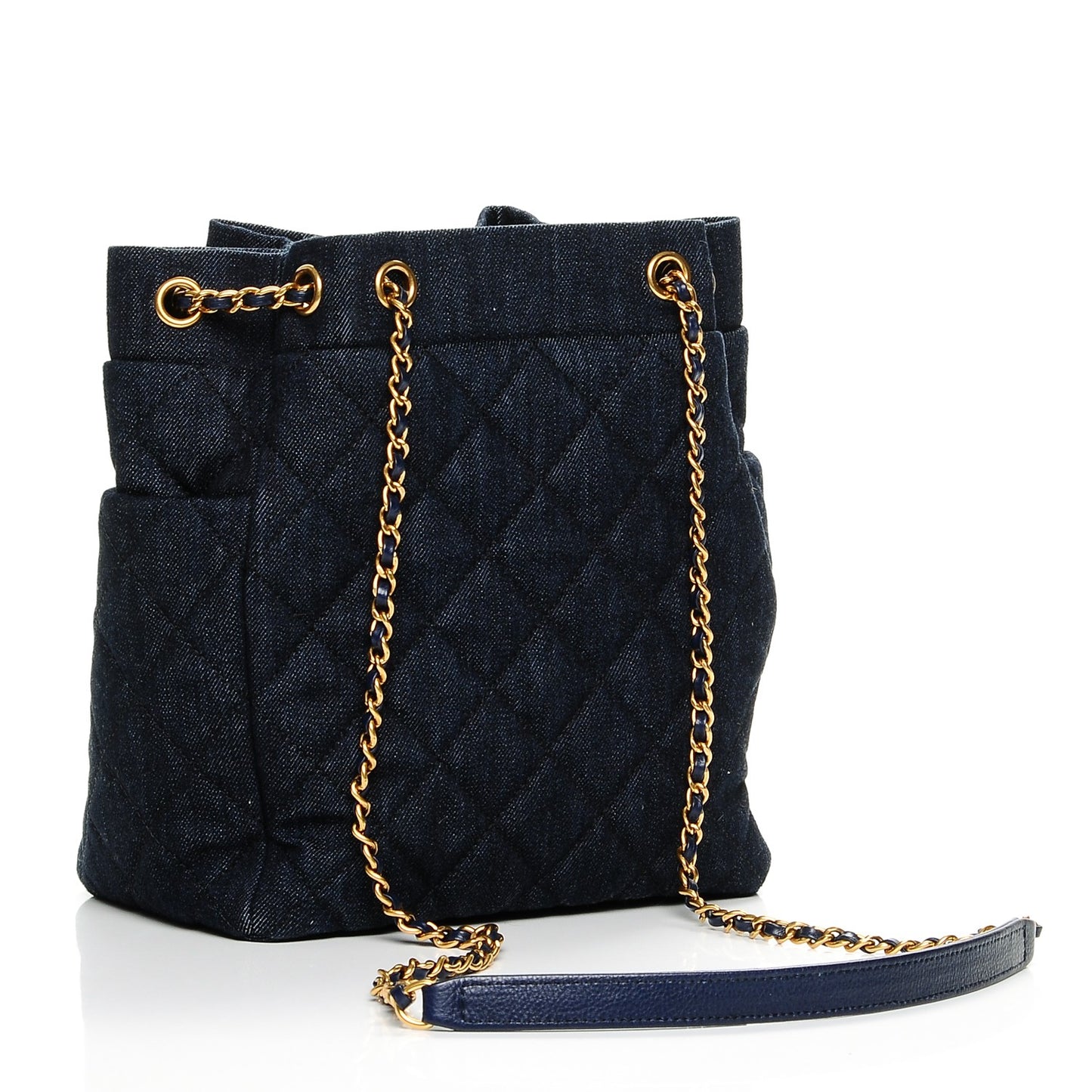 Washed Denim Quilted Small Urban Spirit Drawstring Bag Dark Blue