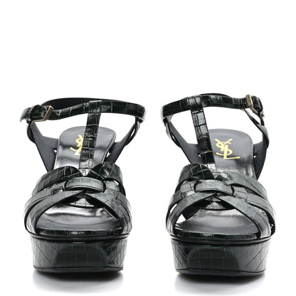 Saint Laurent Crocodile Embossed Tribute 75 Platform Sandals 39 Dark Green 2 of 7