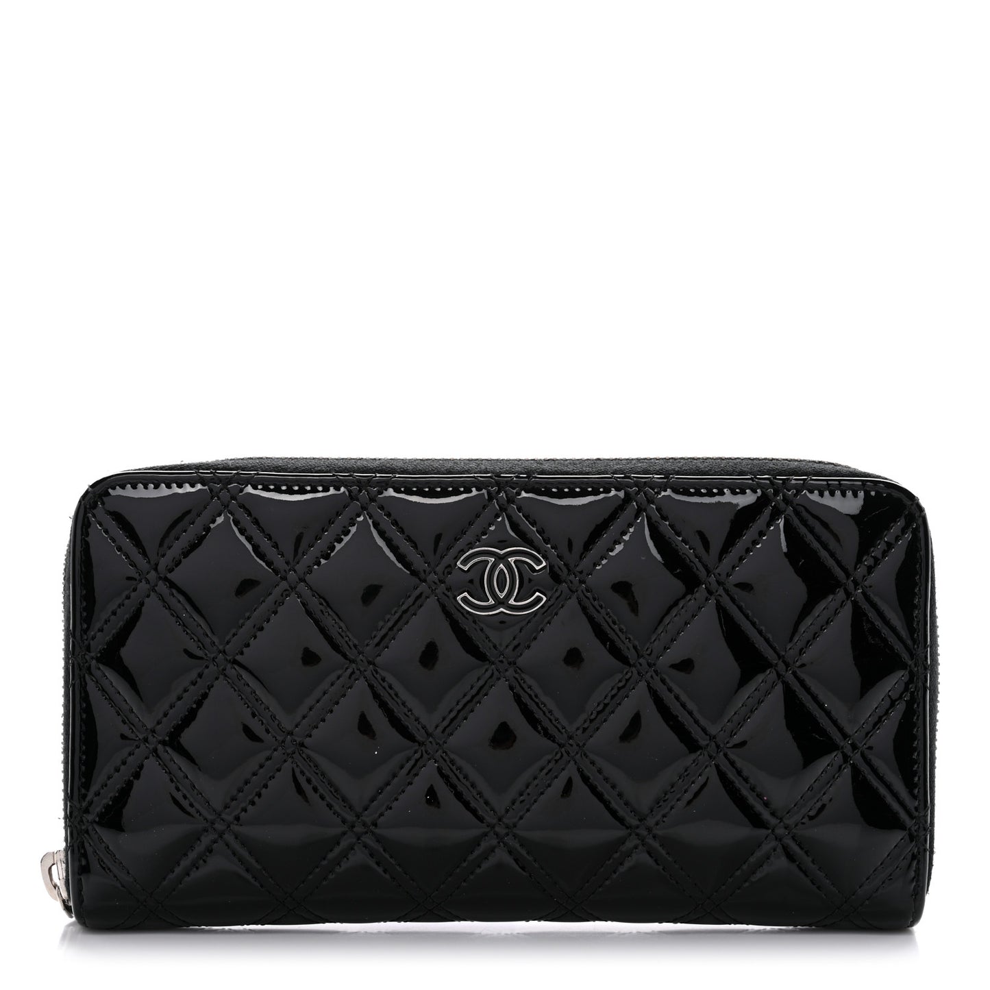 Patent Quilted Double Stitched Zip Around Wallet Black