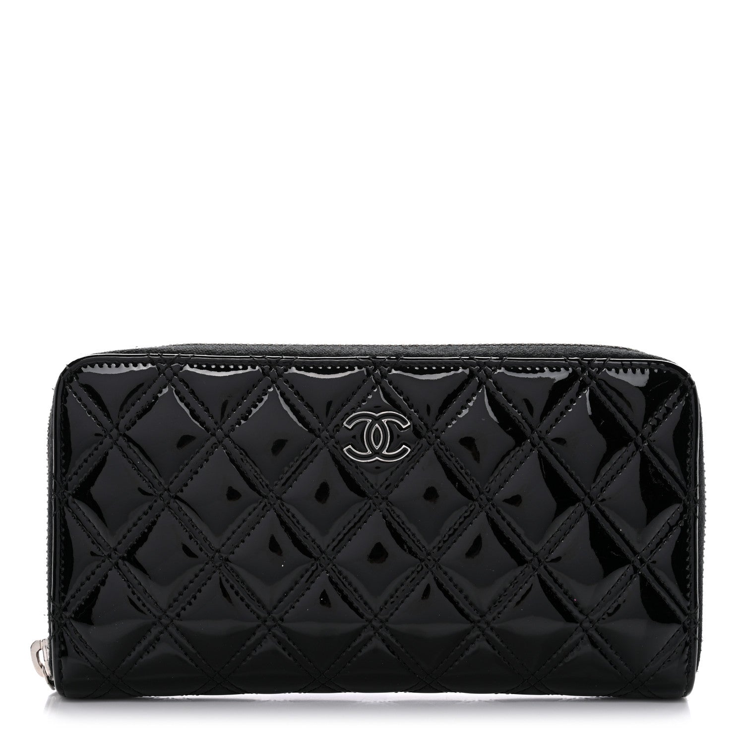 Chanel Patent Quilted Double Stitched Zip Around Wallet Black 1 of 12