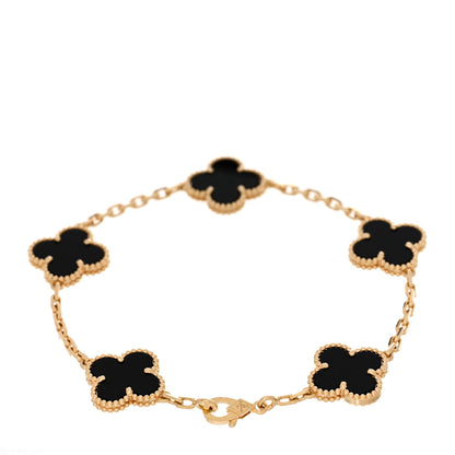 Van Cleef & Arpels 18K Yellow Gold Black Onyx 5 Motifs Vintage Alhambra Bracelet 2 of 5