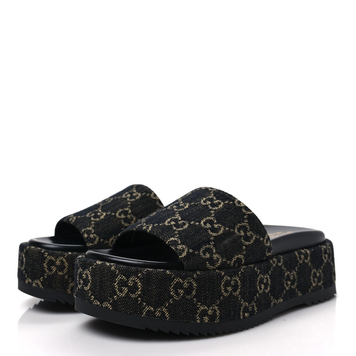 Gucci Jacquard Black Denim GG Monogram Angelina Platform 55mm Slide Sandals 35.5 Black Ivory 3 of 9