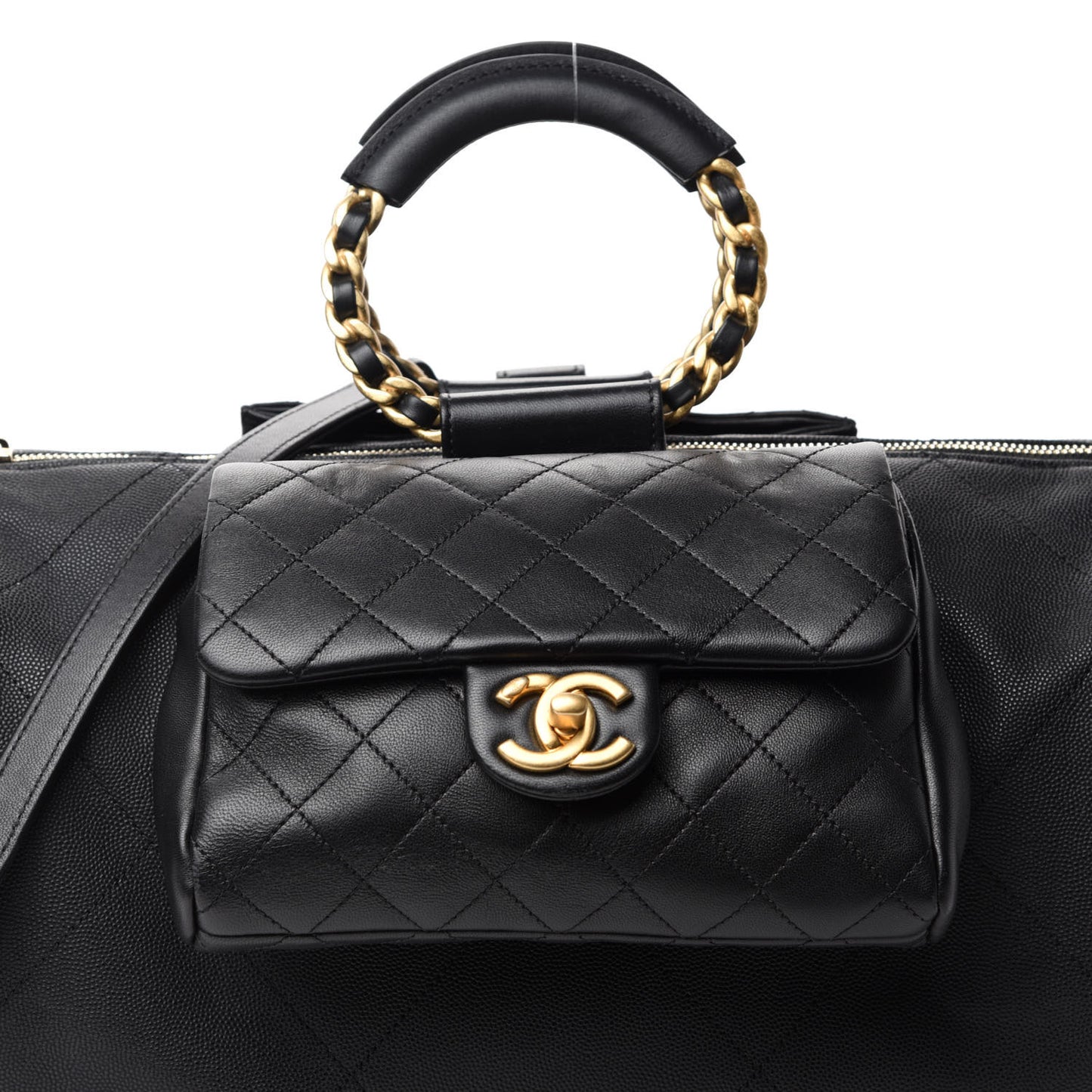 Grained Calfskin Lambskin Quilted Large Bowling Bag Black