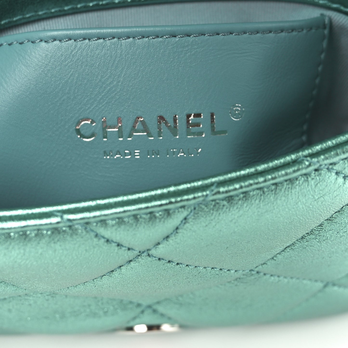 Metallic Lambskin Quilted Mini Lacquered Chain Flap Turquoise