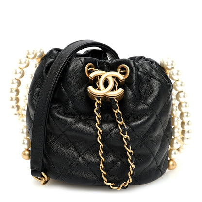 Chanel Calfskin Quilted Pearl Mini About Pearls Drawstring Bucket Bag Black 1 of 10