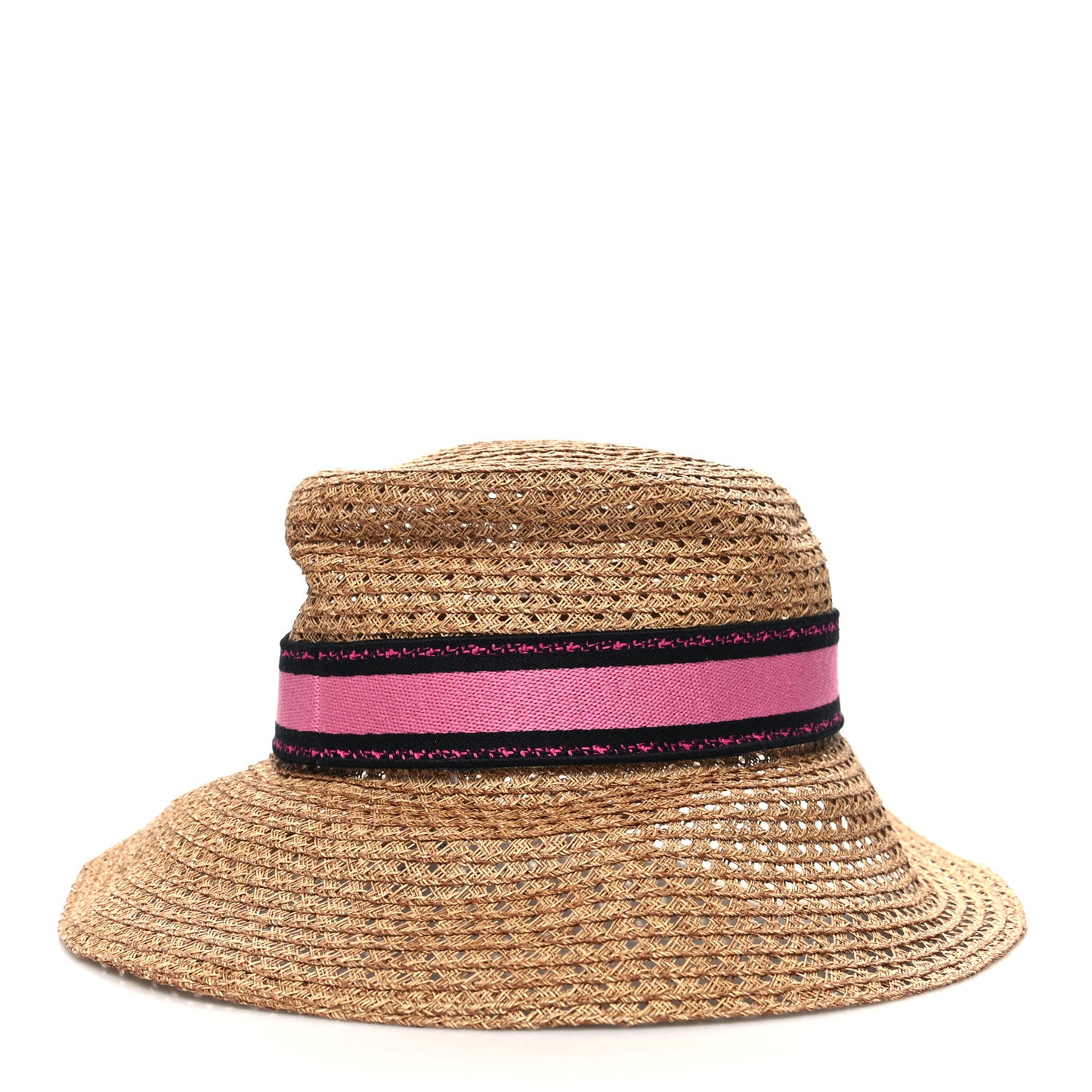 Straw Embroidered D-Bobby Large Brim Hat 56 Natural Fuchsia Black