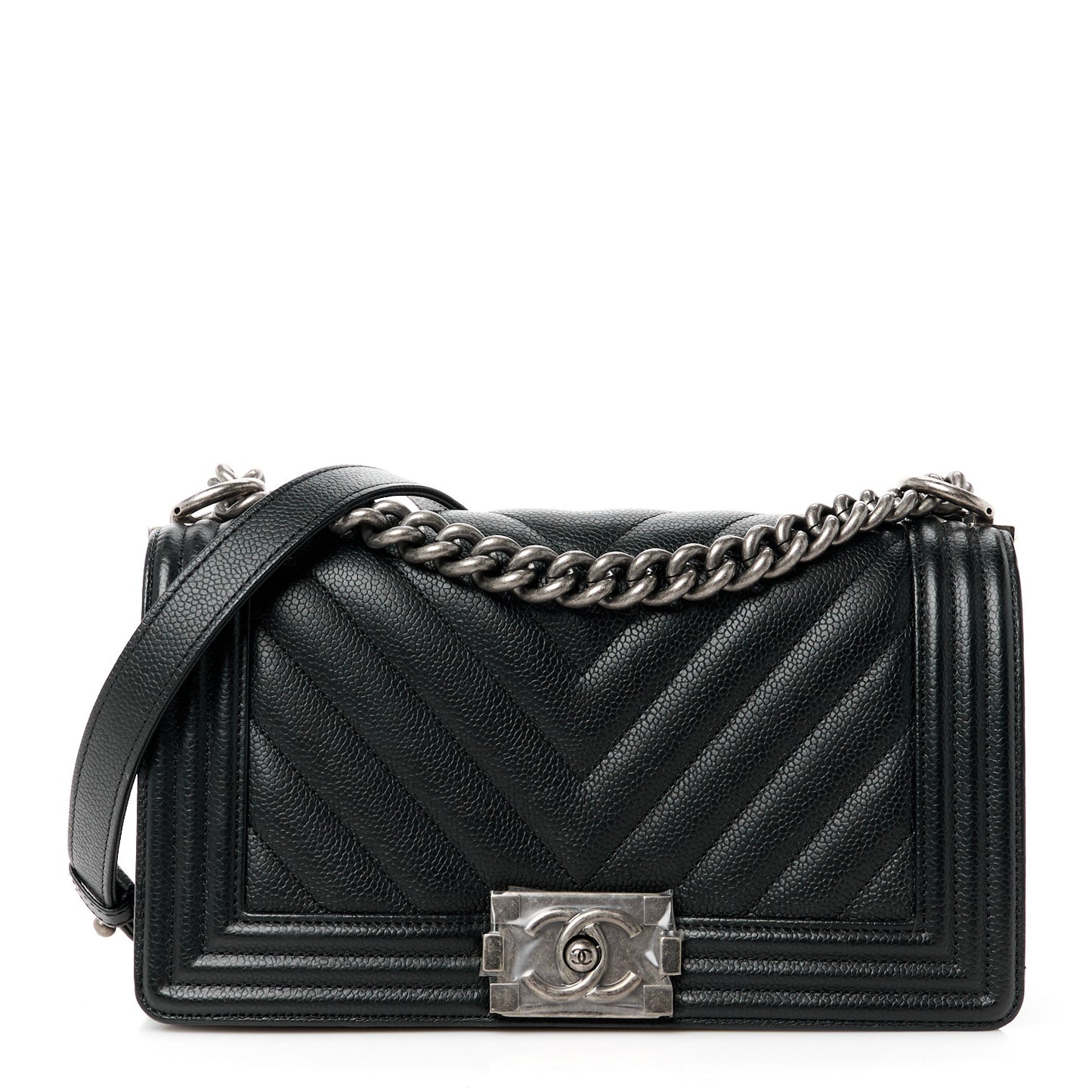 Caviar Chevron Quilted Medium Boy Flap Black