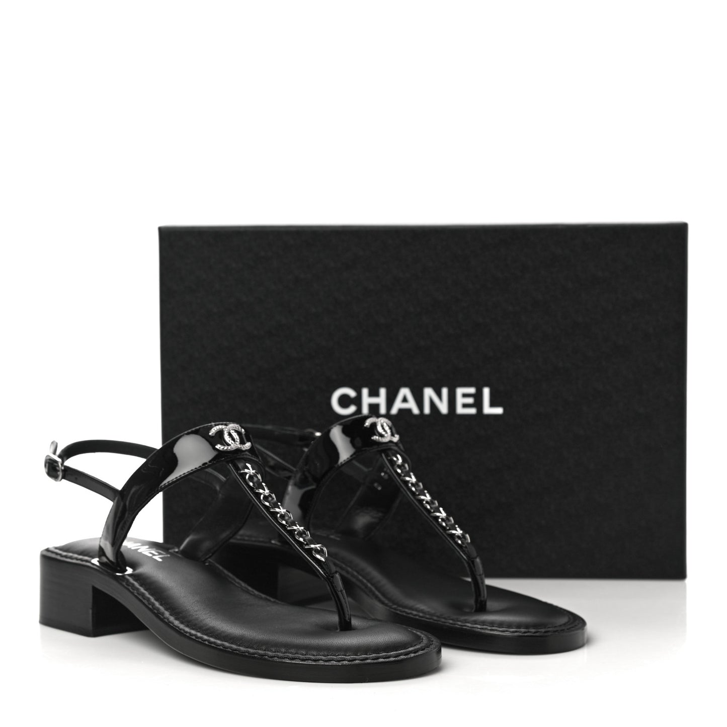 Patent Calfskin Chain CC Logo Thong Sandals 38 Black
