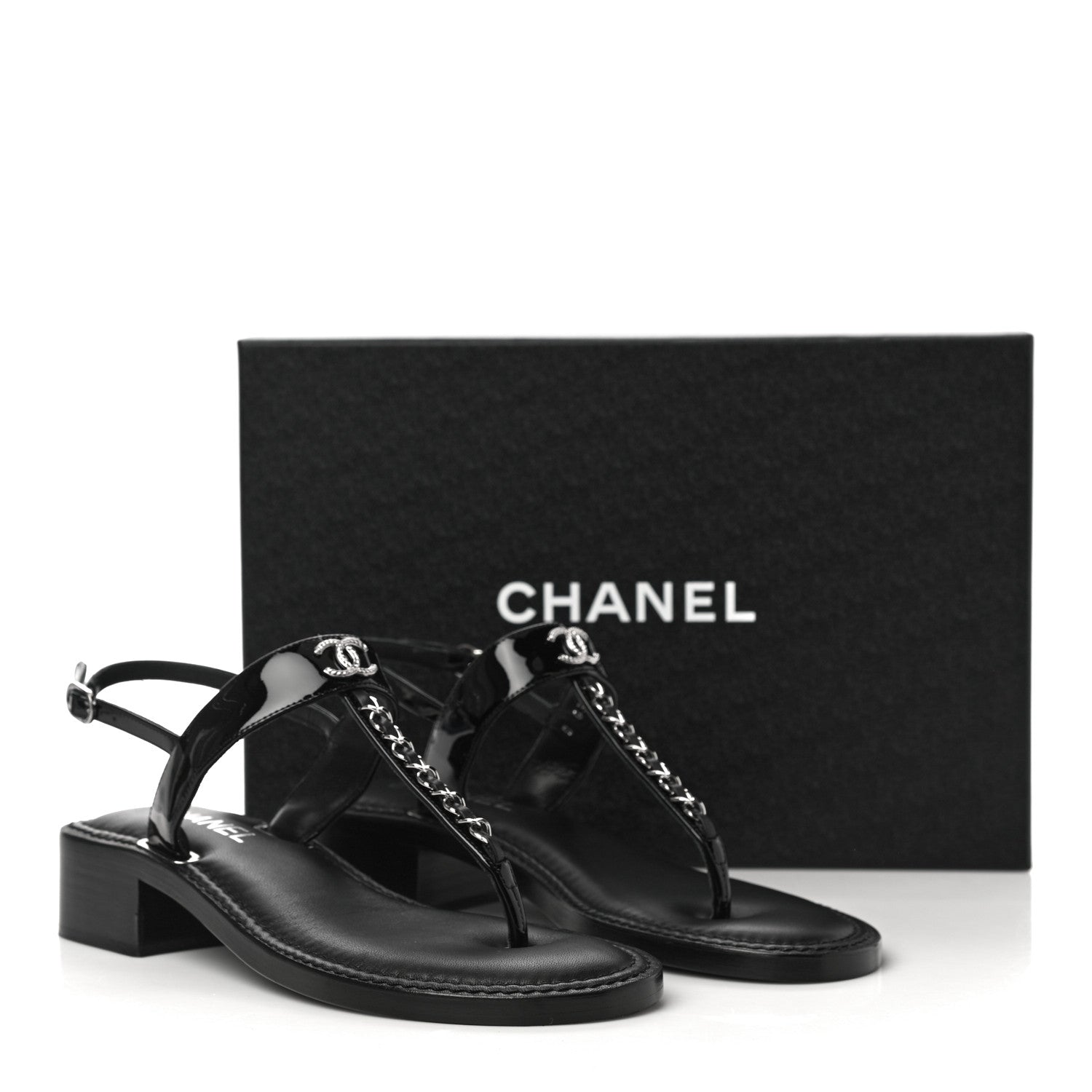 Chanel Patent Calfskin Chain CC Logo Thong Sandals 38 Black 10 of 10
