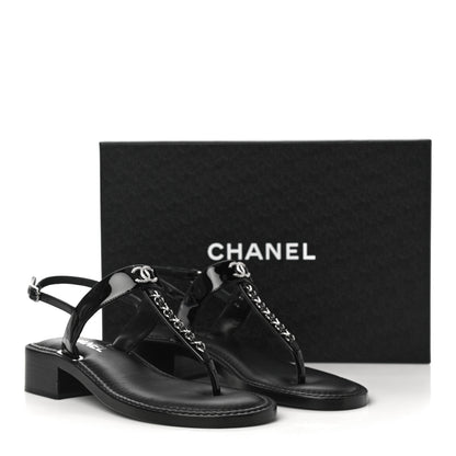 Chanel Patent Calfskin Chain CC Logo Thong Sandals 38 Black 10 of 10