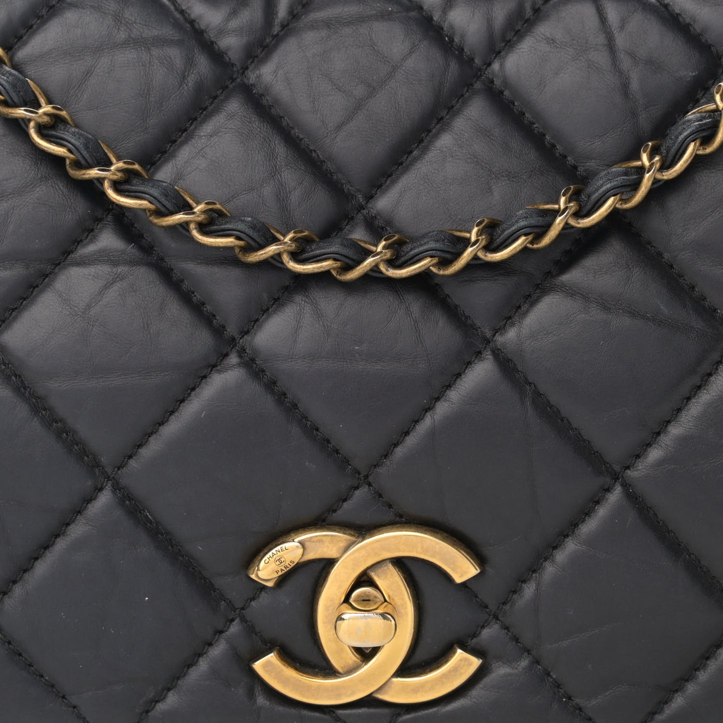 Aged Calfskin Quilted Small Pondichery Flap Black