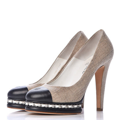 Chanel Linen Lambskin CC Chain Cap Toe Platform Pumps 40 Beige Fonce Black 3 of 11