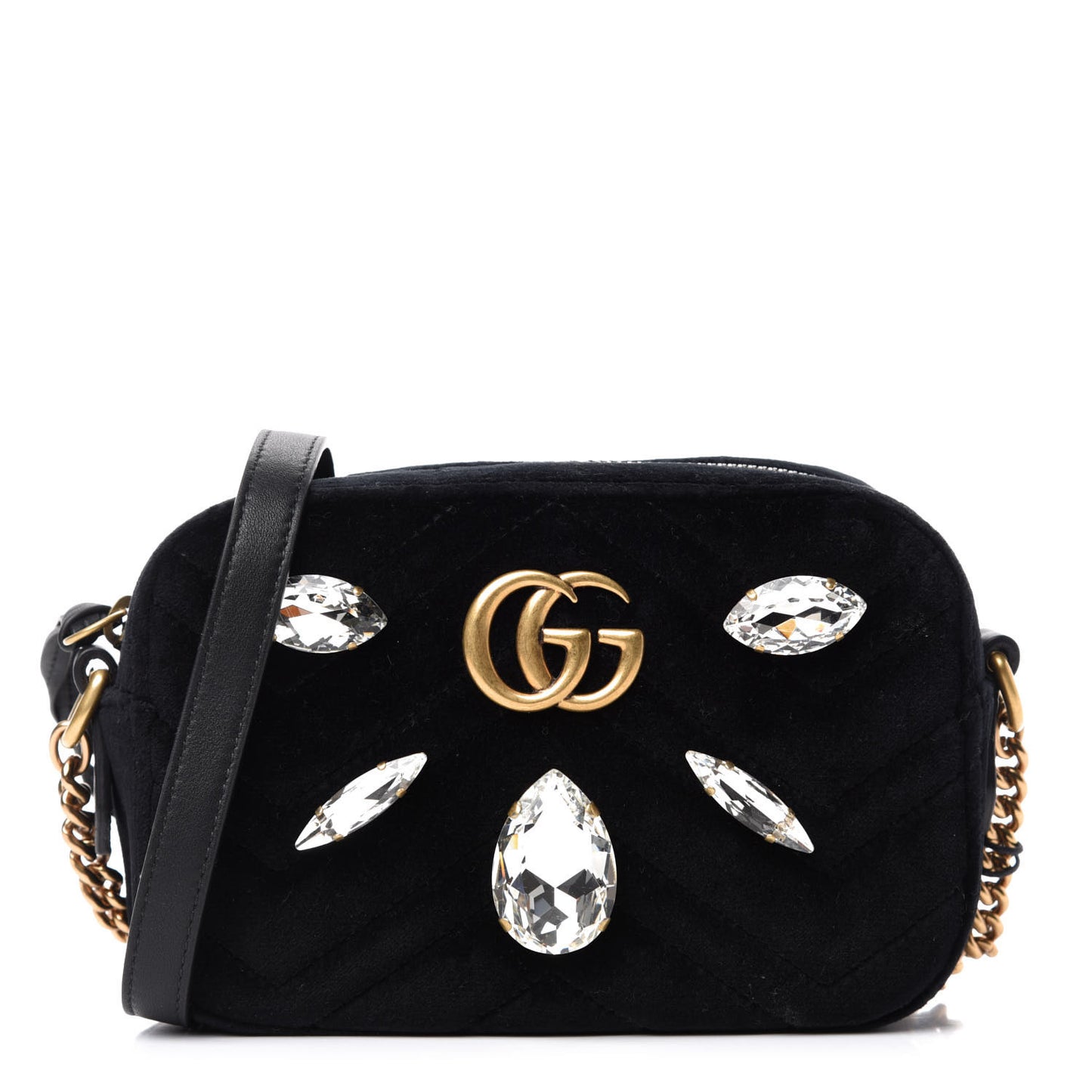Velvet Matelasse Marquise Crystals Mini GG Marmont Chain Shoulder Bag Black