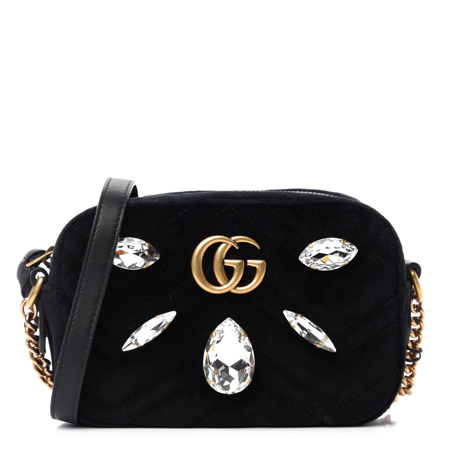 Gucci Velvet Matelasse Marquise Crystals Mini GG Marmont Chain Shoulder Bag Black 1 of 10