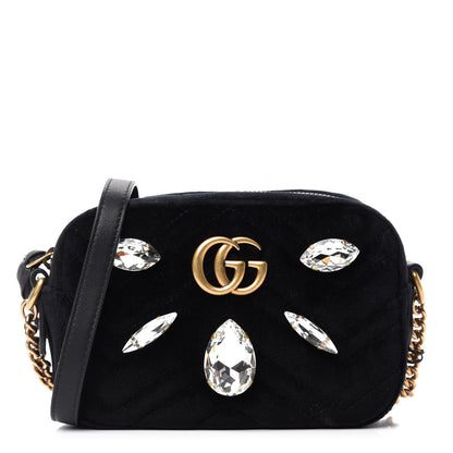 Gucci Velvet Matelasse Marquise Crystals Mini GG Marmont Chain Shoulder Bag Black 1 of 10