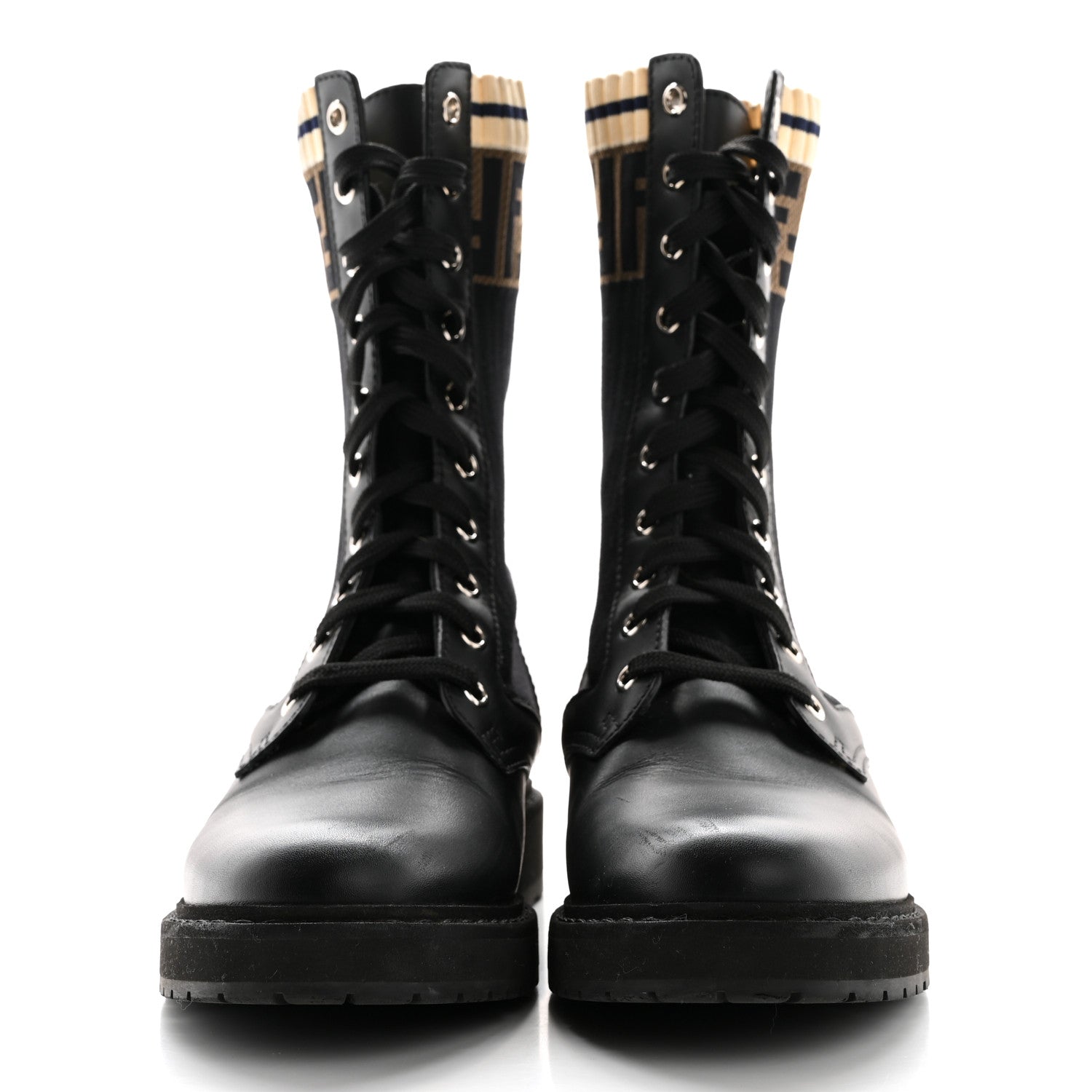 Fendi Calfskin Stretch Fabric Rockoko Biker Boots 37 Tobacco Black Marino 2 of 9