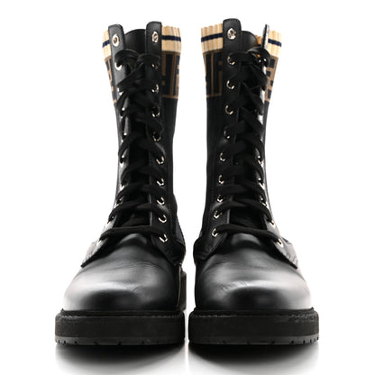 Fendi Calfskin Stretch Fabric Rockoko Biker Boots 37 Tobacco Black Marino 2 of 9