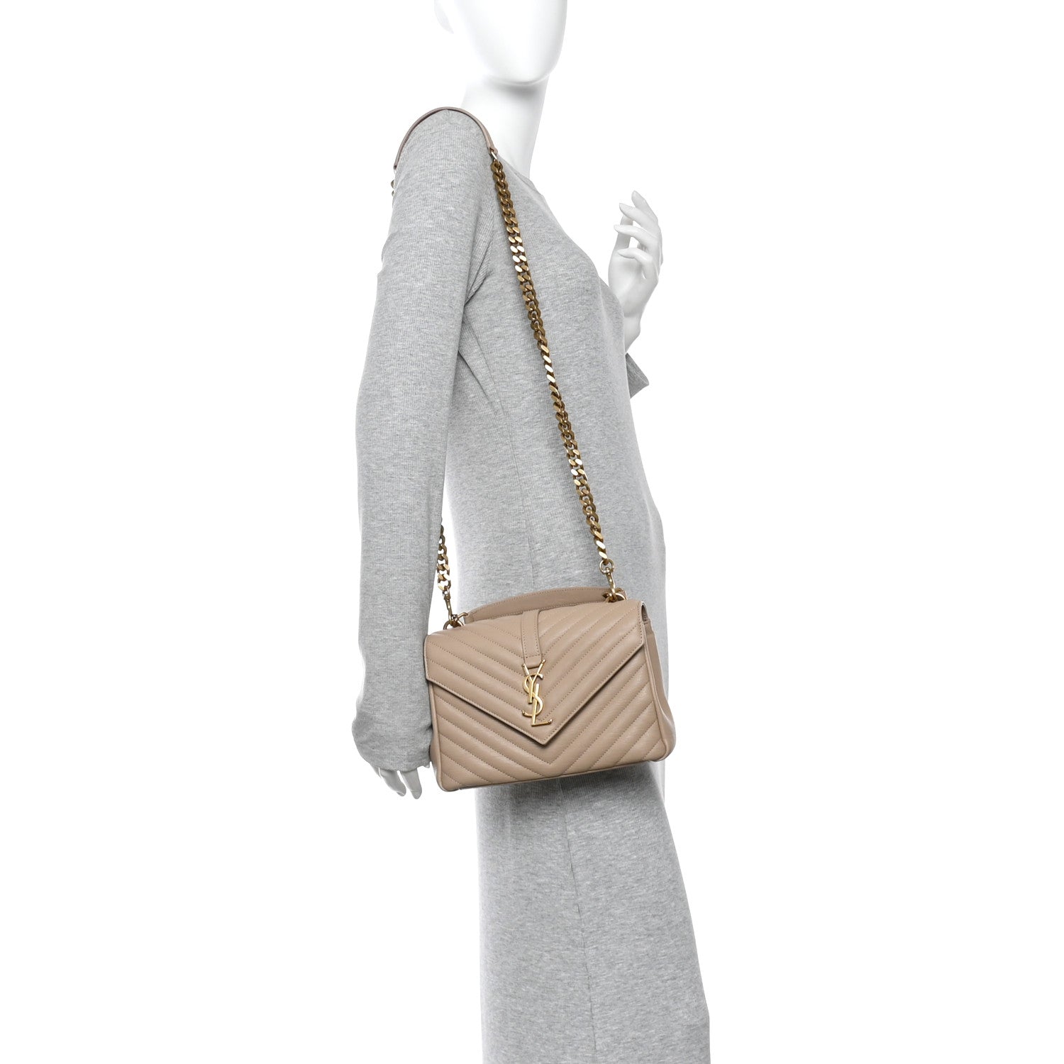 Saint Laurent Sheepskin Matelasse Chevron Monogram Medium College Bag Dark Beige 2 of 14
