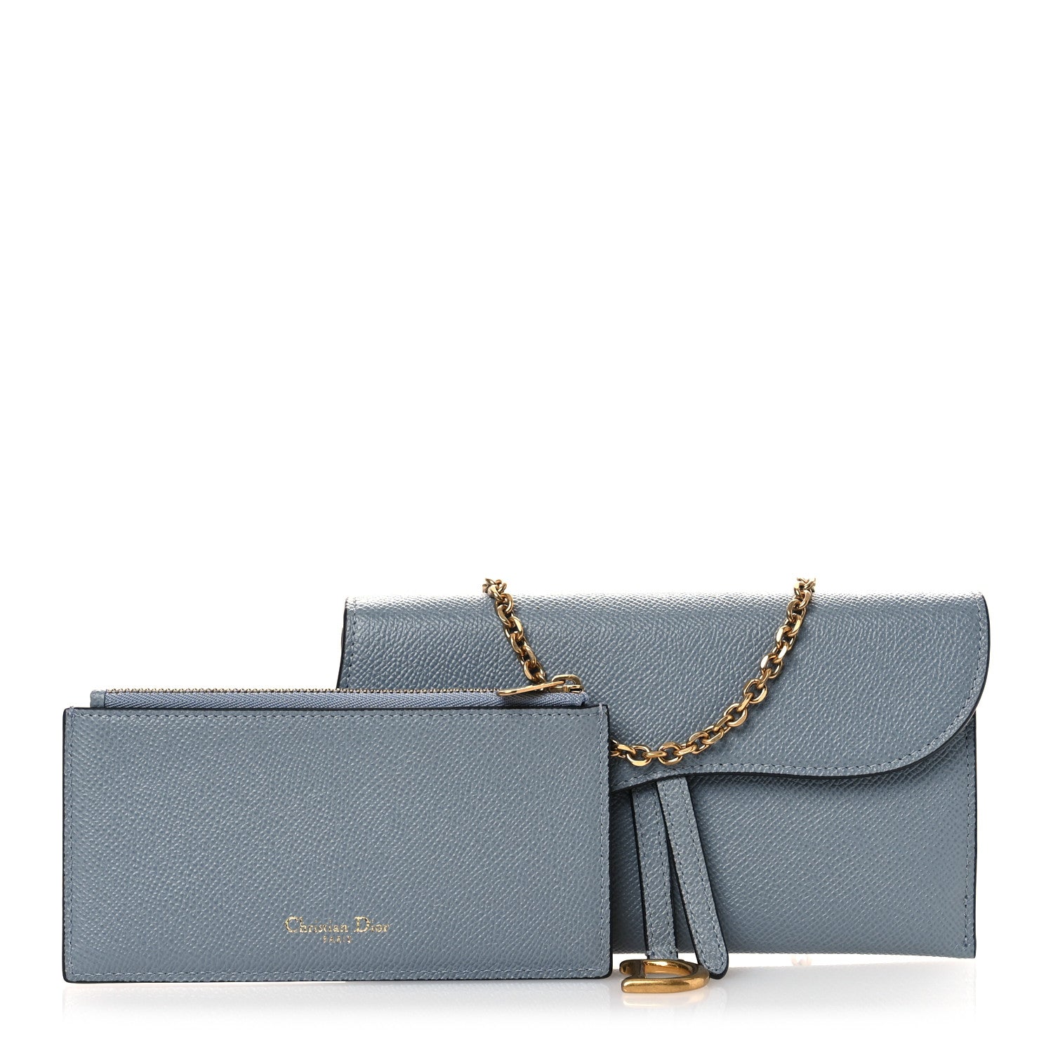 Christian Dior Grained Calfskin Saddle Chain Wallet Pouch Cloud Blue 3 of 13