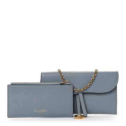 Christian Dior Grained Calfskin Saddle Chain Wallet Pouch Cloud Blue 3 of 13