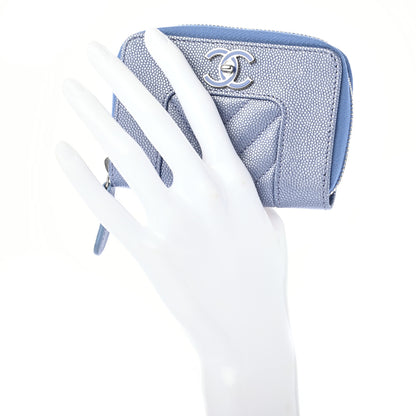 Chanel Metallic Caviar Chevron Quilted Vintage Mademoiselle Zip Coin Purse Light Blue 2 of 7