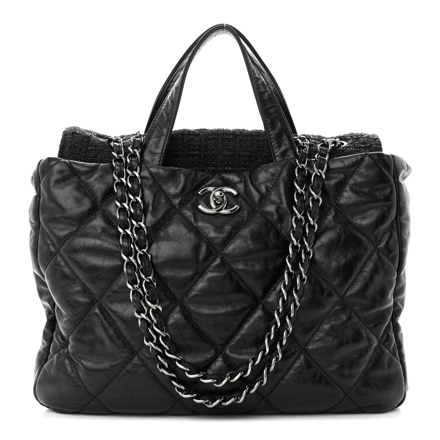 Glazed Calfskin Quilted Tweed Portobello Tote Black