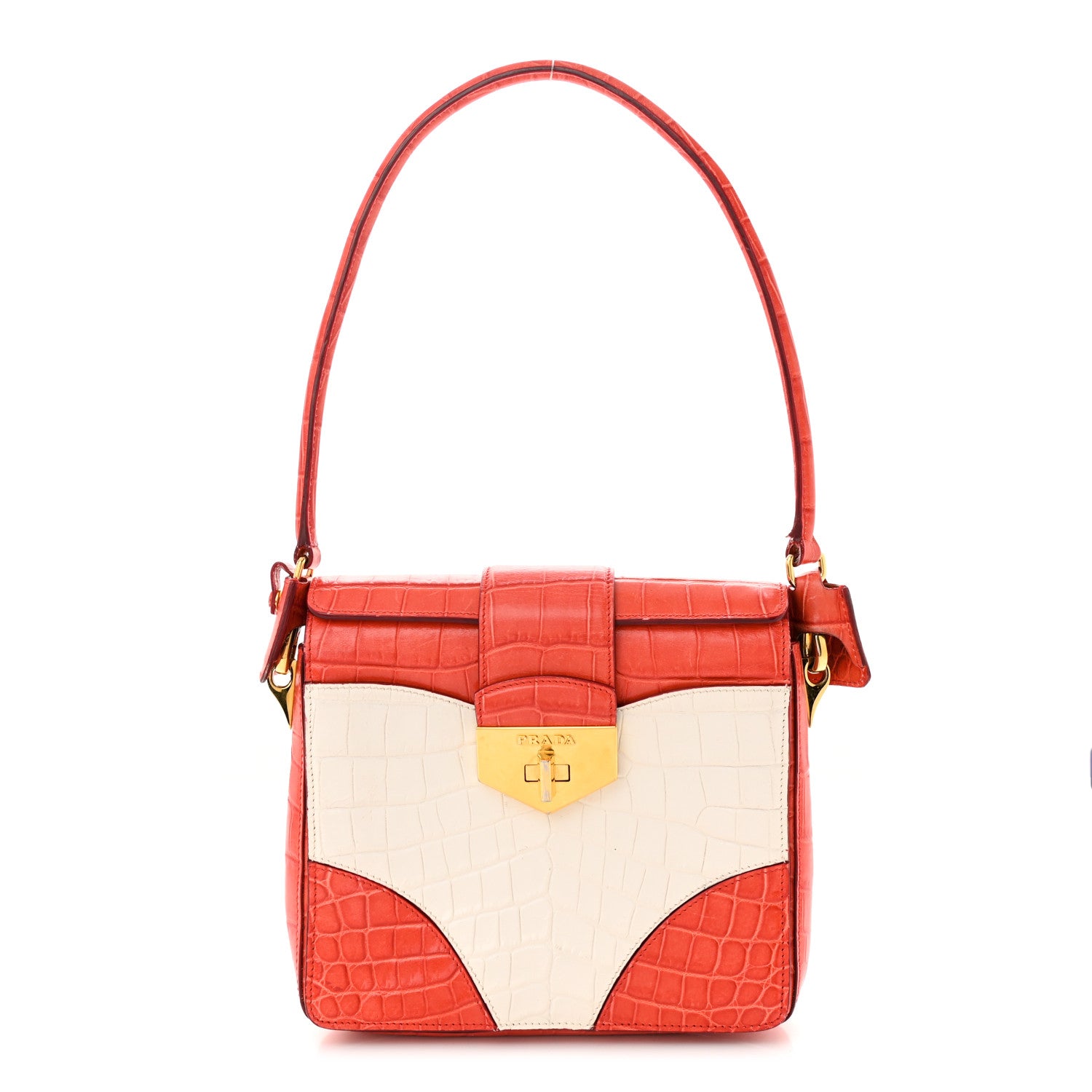 Prada Calfskin Crocodile Embossed Turn Lock Satchel Orange White 1 of 13
