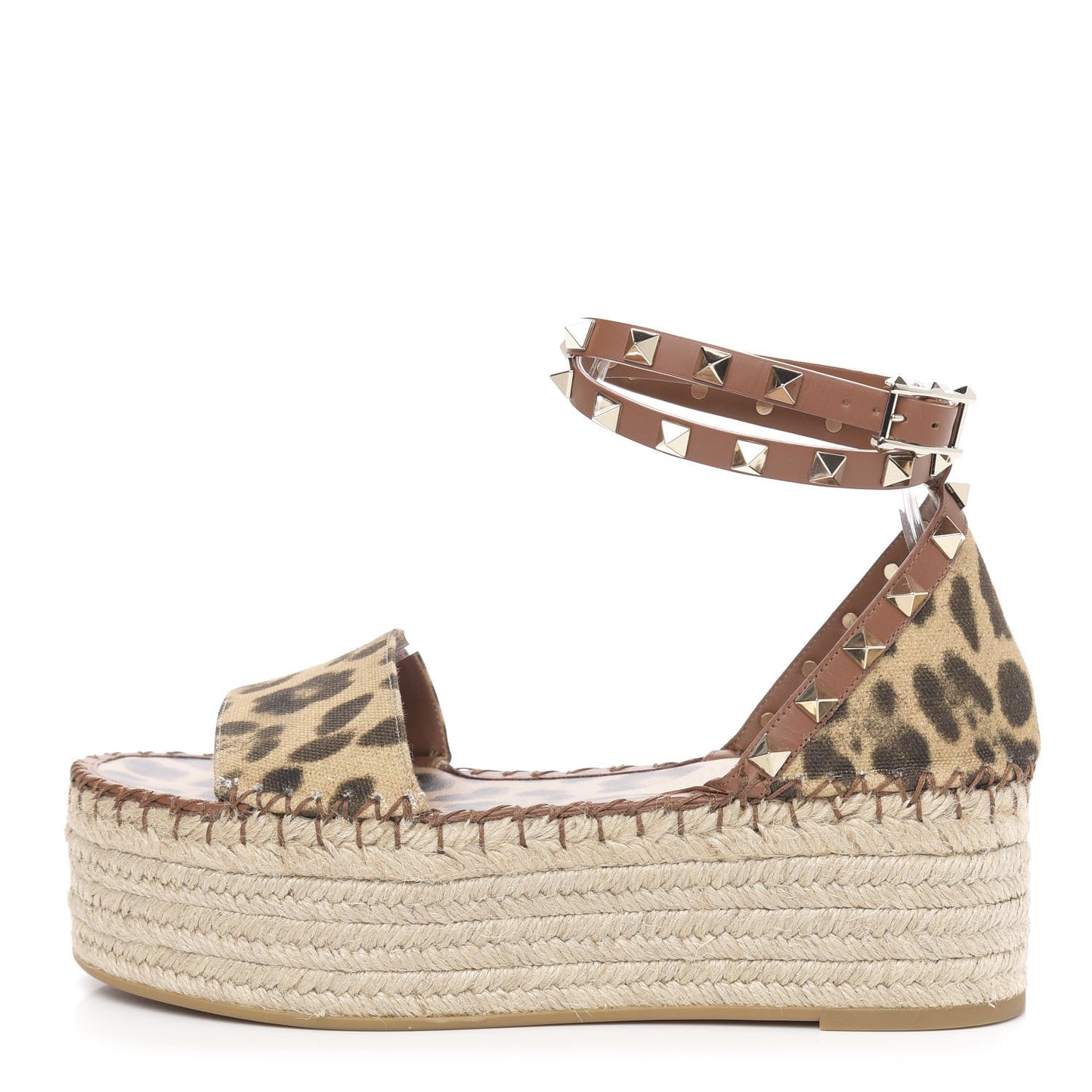 Canvas Leopard Print Rockstud Ankle Wrap Espadrille Flatform Sandals 36 Brown