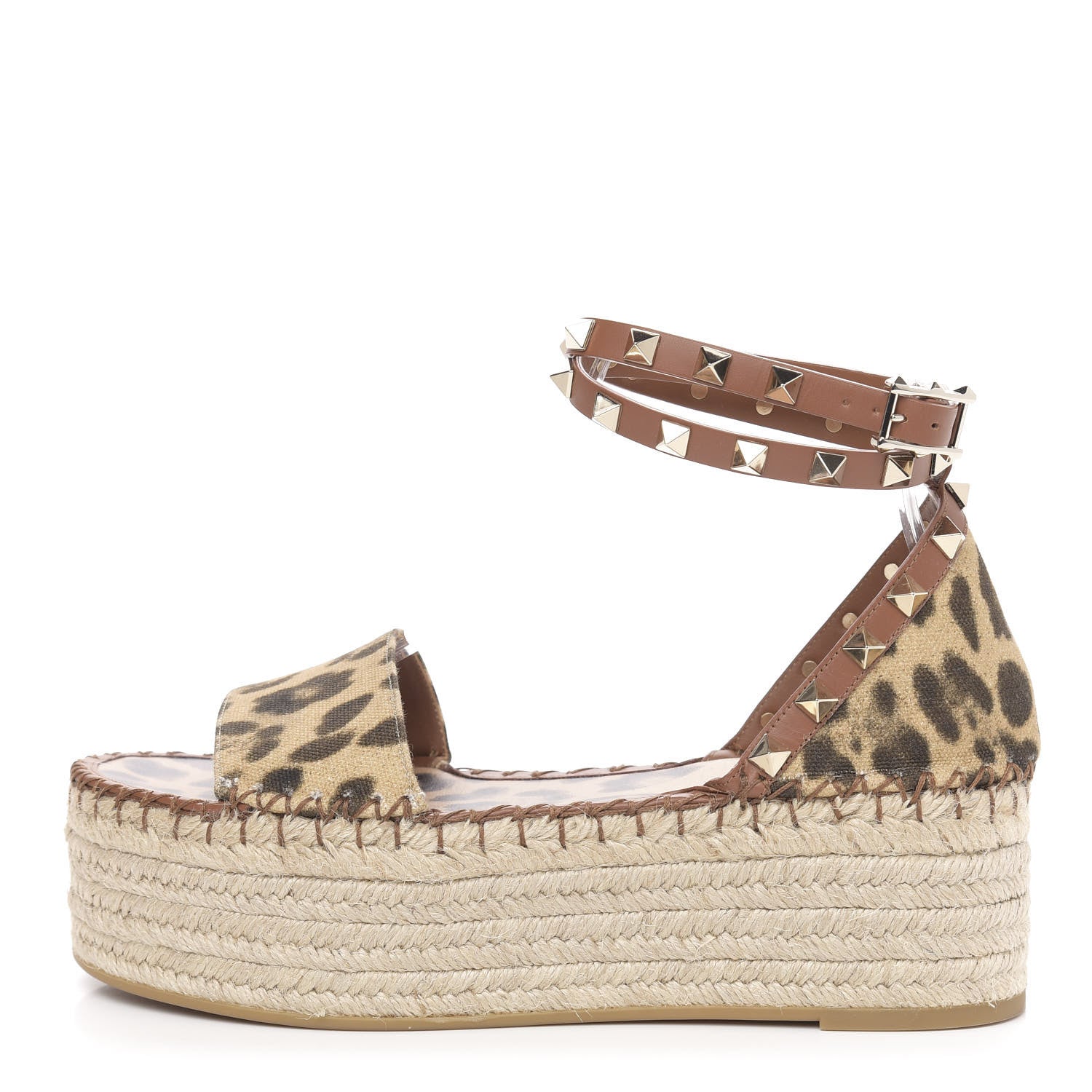 Valentino Garavani Canvas Leopard Print Rockstud Ankle Wrap Espadrille Flatform Sandals 36 Brown 1 of 7