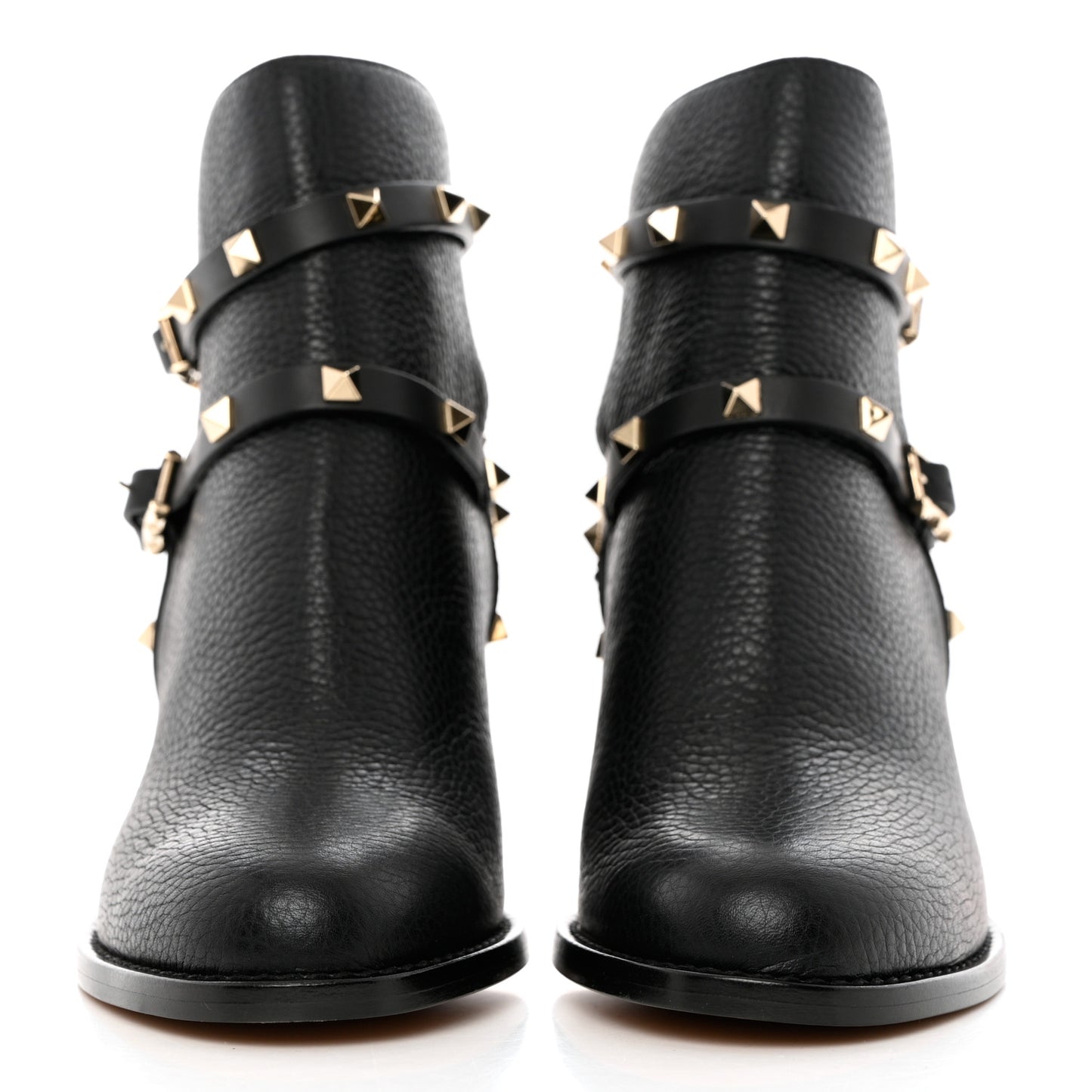 Pebbled Calfskin Rockstud Double Buckle 70mm Block Heel Ankle Boots 38.5 Black