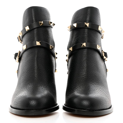 Valentino Garavani Pebbled Calfskin Rockstud Double Buckle 70mm Block Heel Ankle Boots 38.5 Black 2 of 13