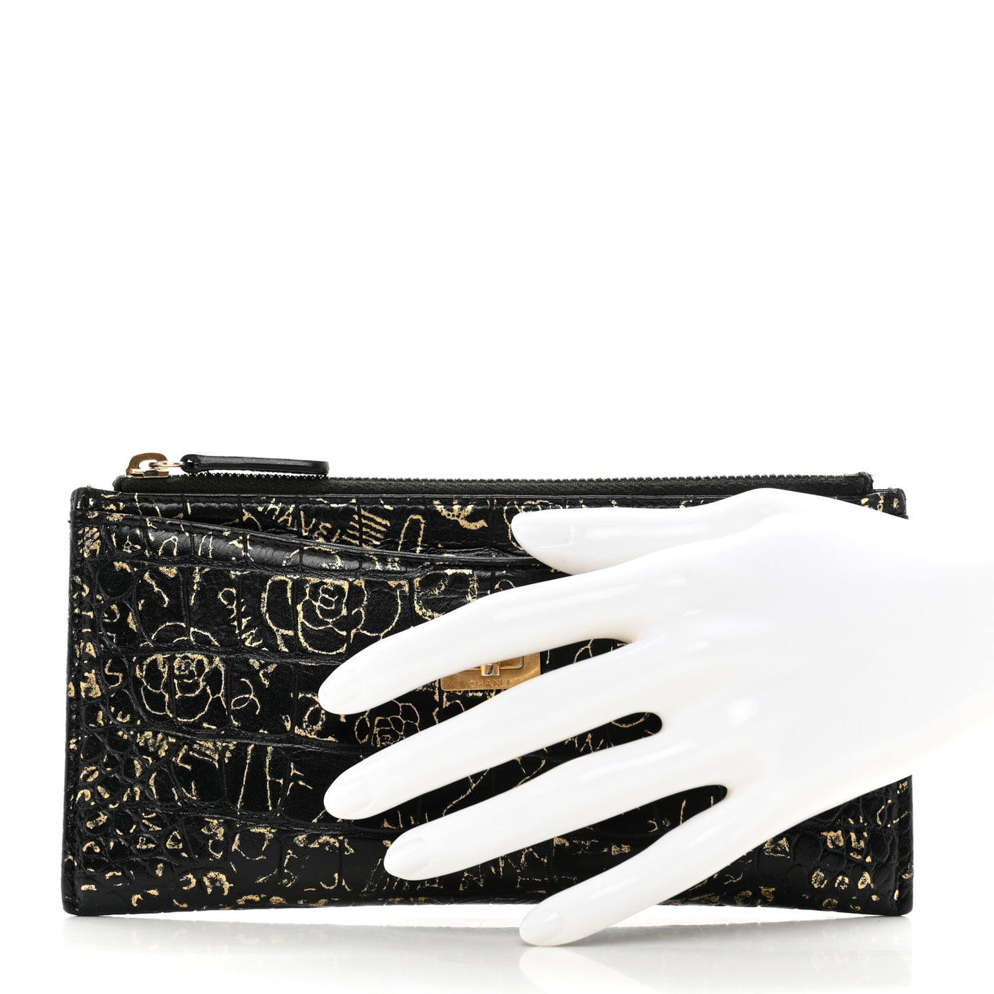 Calfskin Crocodile Embossed Graffiti 2.55 Cocodile Reissue Zip Pouch Black Gold