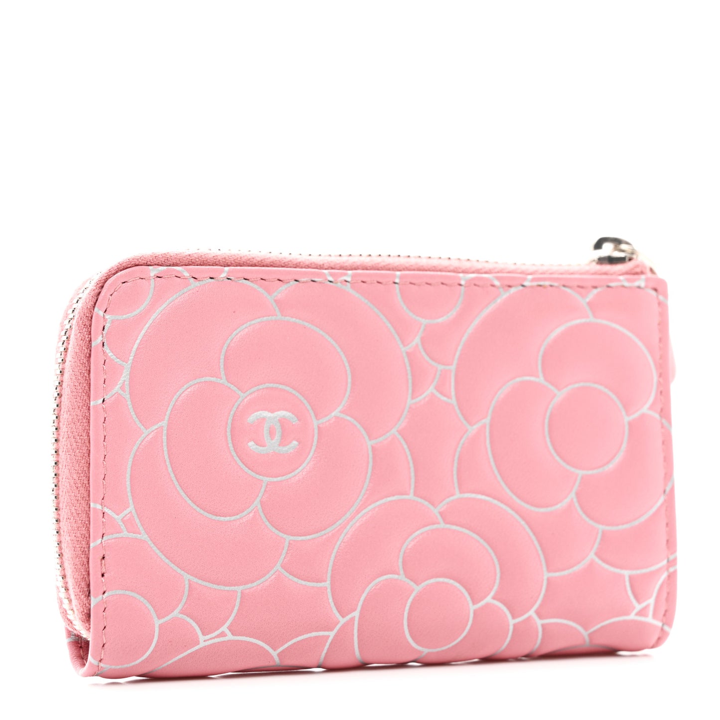 Lambskin Camellia Embossed Key Holder Case Pink