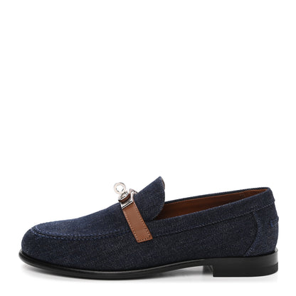 Hermes Denim Canvas Calfskin Womens Destin Loafer 36.5 Bleu Brut Gold 1 of 9