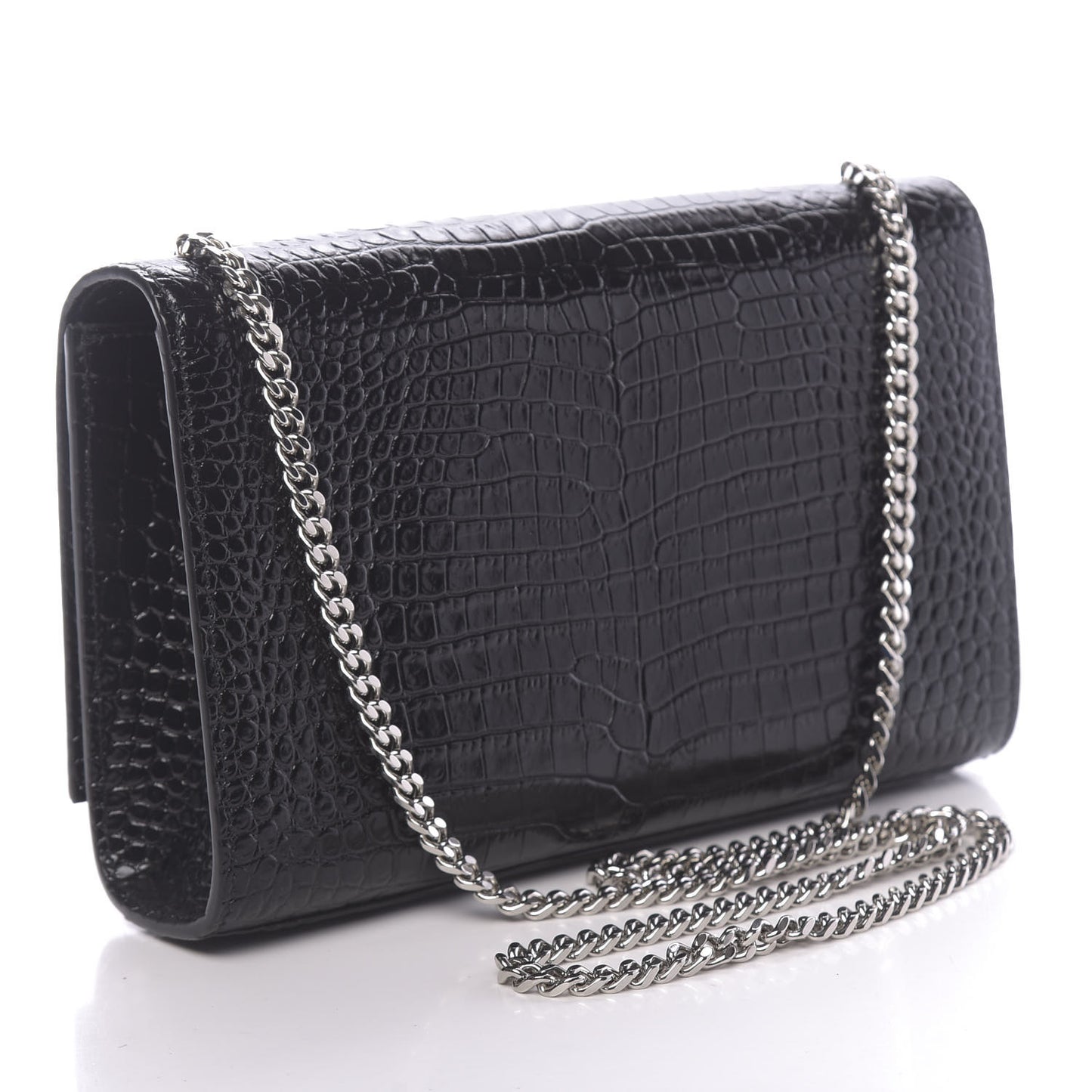 Calfskin Crocodile Embossed Medium Classic Monogram Kate Tassel Satchel Black
