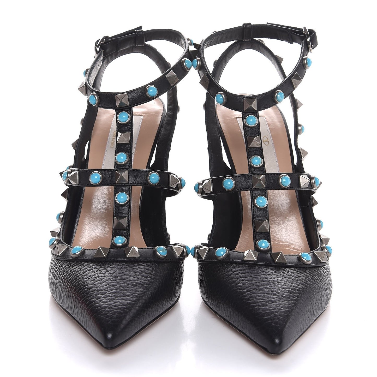 Pebbled Calfskin Turquoise Rockstud Rolling Ankle Strap 100mm Pumps 36 Black