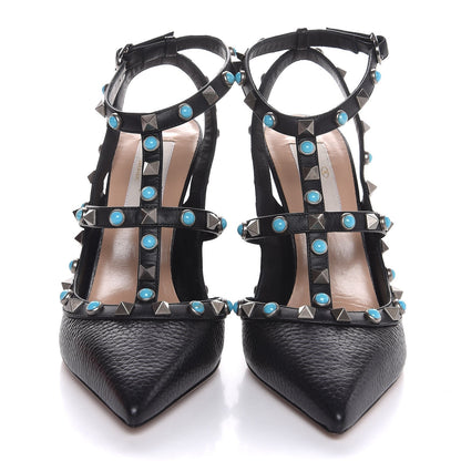 Valentino Garavani Pebbled Calfskin Turquoise Rockstud Rolling Ankle Strap 100mm Pumps 36 Black 2 of 9