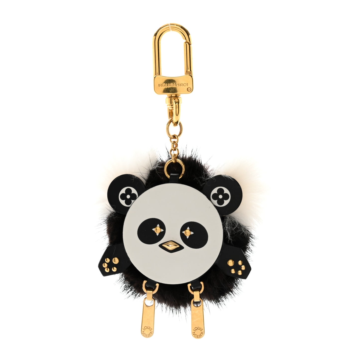 Calfskin Mink Fur Panda Bag Charm Key Holder Black