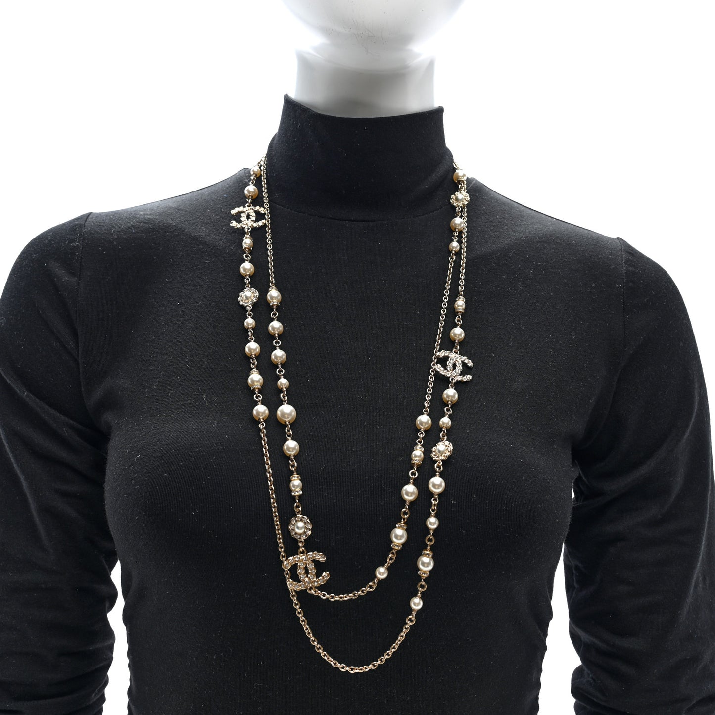 Pearl Crystal CC Long Necklace Gold